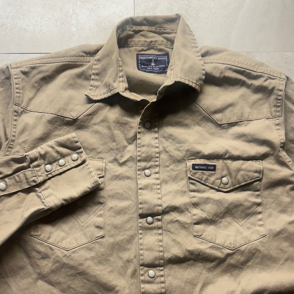 Northwest Wood Western Shirt Tan Mens Large Pearl Snap Distressed Workwear Shirt
